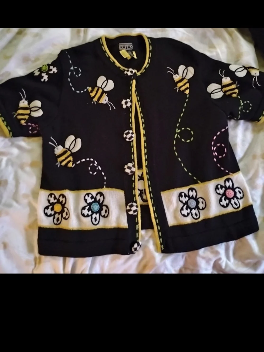 berek Black Cardigan Sweater with Yellow Bee and White Floral Accents